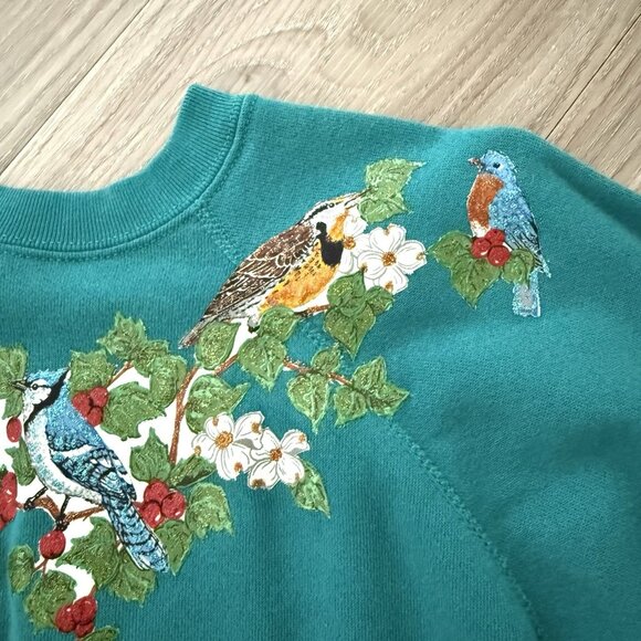 Vintage 80s Hand Painted Glitter‎ Bird Sweatshirt Womens XL Holiday Christmas - Picture 2 of 7